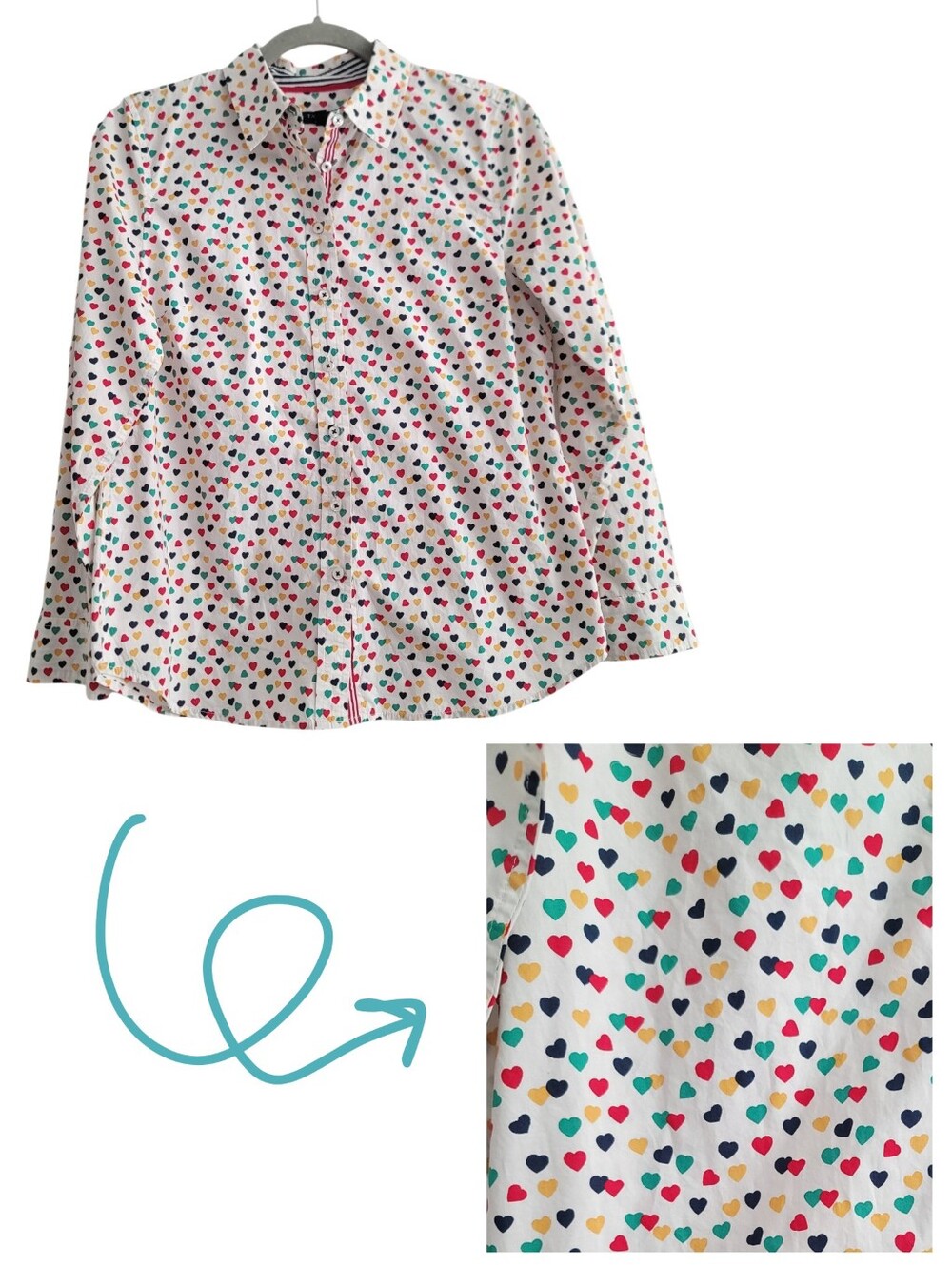 Talbots Women Small Petite Button-Up Shirt Multicolor Heart Print Office Career